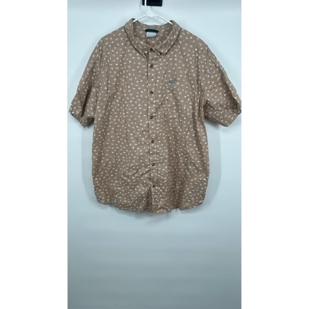 Columbia Mens XXL Short Sleeve Button Down Shirt Tan Camping Print Regular Fit